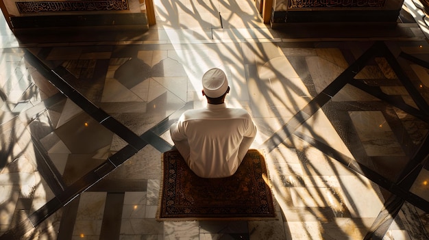 Photo serene scene of a man in prayer sunlight filtering through windows capturing a moment of peace in spirituality ideal for religious thematics ai