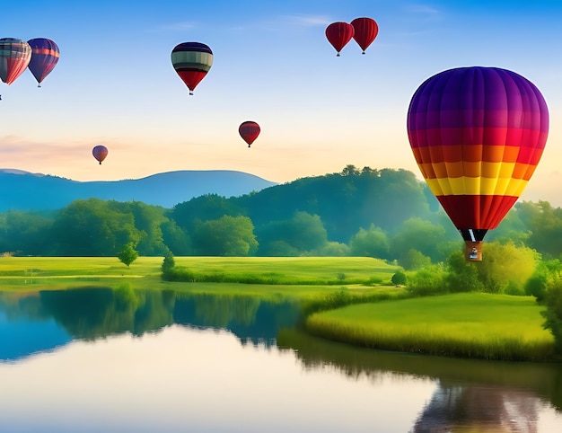 serene scène met kleurrijke heteluchtballonnen die vredig over een rustig landschap zweven