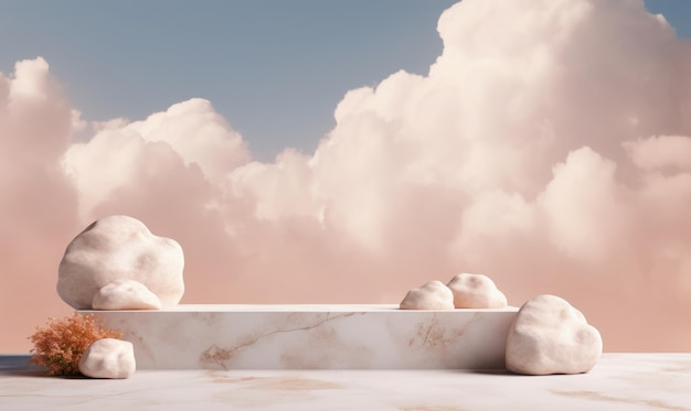 Foto serene scène met leeg podium voor tentoonstelling of productvertoning met zachte lucht pluizige wolken en natuuraccenten