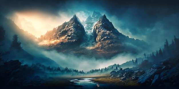 A serene scene of mist hovering over a mountain peak at dawn