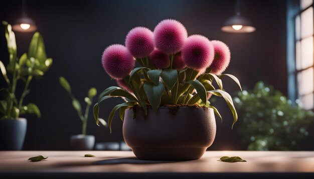 A serene scene showcasing a unique plant with vibrant pink puffball flowers nestled in a modern pot