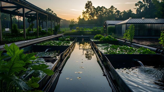 A serene scene of a water conservation system in a sustainable farm