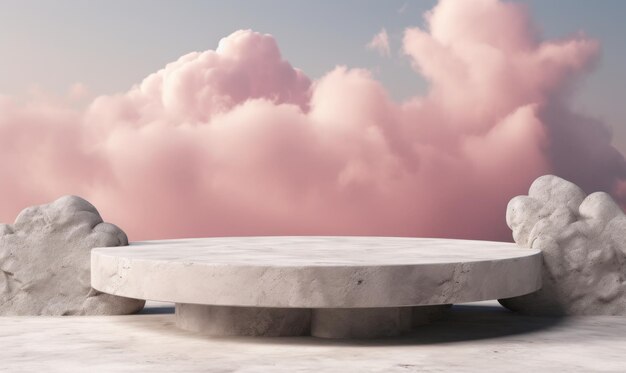 Foto scena serena con podio vuoto per l'esposizione o la vetrina del prodotto con nuvole soffice del cielo e accenti naturali