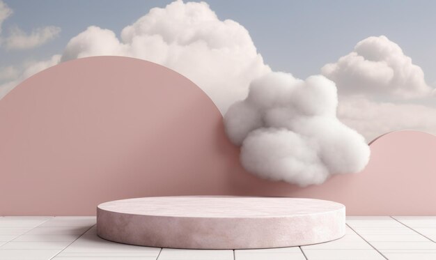 柔らかい空のふわふわの雲と自然のアクセントで,展示用の空のポディウムまたは製品の展示用の静かなシーン