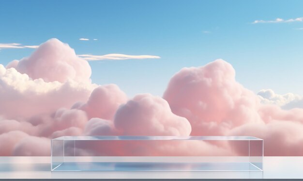 Foto scena serena con podio vuoto per l'esposizione o la vetrina del prodotto con nuvole soffice del cielo e accenti naturali