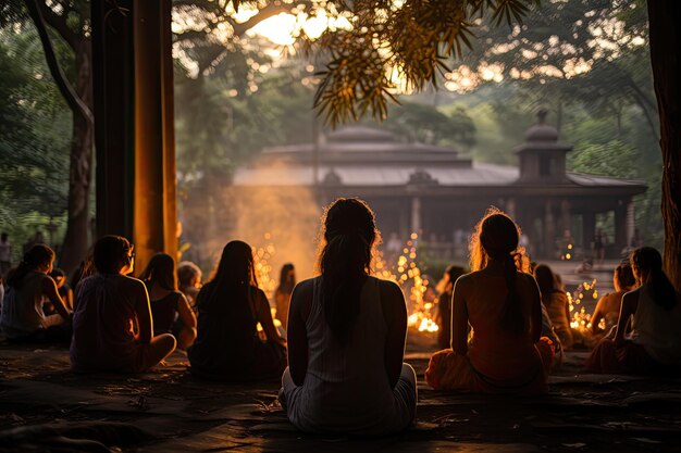 Serene scene of yoga practitioners to dawn wrapped in nature generative IA