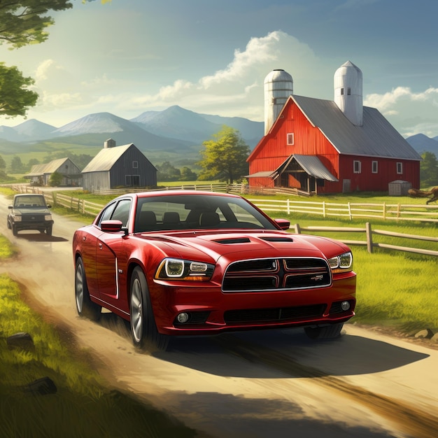 Спокойные сцены Путешествие во времени с красным Dodge Charger 2014 года среди коров и сельской местности