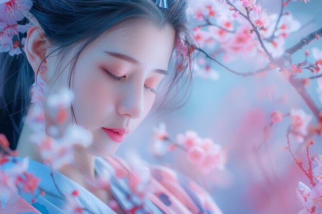 Serene schoonheid in een natuurlijke omgeving Jonge vrouw te midden van bloeiende kersenbomen in etherisch licht