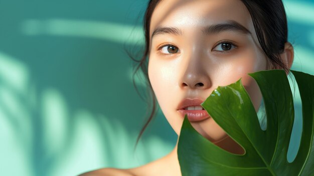 Serene schoonheid jonge Koreaanse vrouw met blad