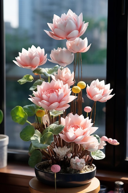 Serene schoonheid roze lotuspot ingelijst in hout met zachte verlichting