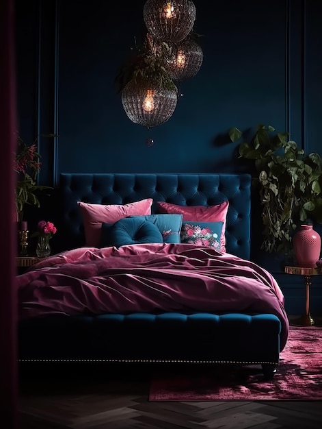 Serene Schoonheid Rustige Slaapkamer in Blauwe en Roze Tinten Generatieve AI