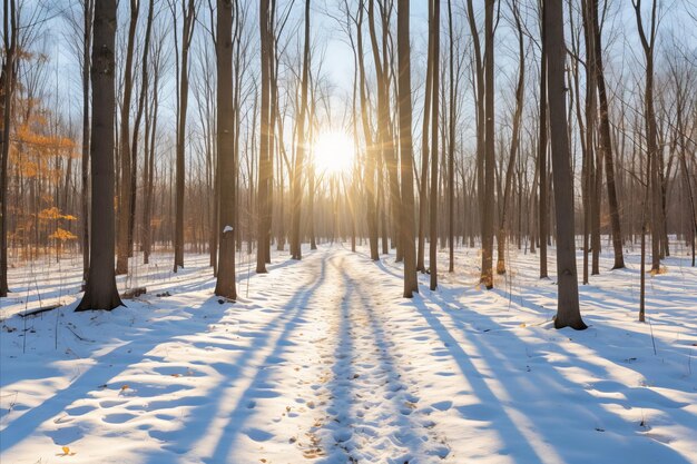 Foto serene schoonheid van een winterlandschap met een bewandeld pad een door het bos onder een heldere blauwe hemel