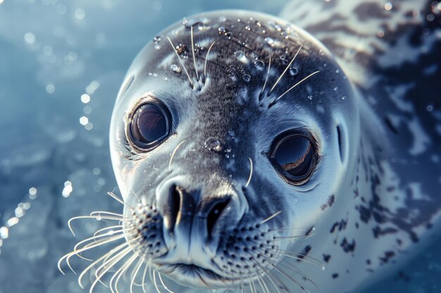 A serene seal rests on ice its gaze calm and knowing