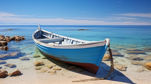 Serene Seascapes Restored And Repurposed Boat On A Blue And White Beach