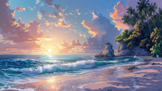 Serene Seaside Illustratie Behang Scene