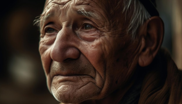 Serene senior man with gray hair looking sad indoors wisdom wrinkles generated by artificial intelligence