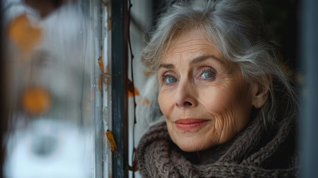 Спокойная пожилая женщина смотрит через дождливое окно в рефлексивном настроении