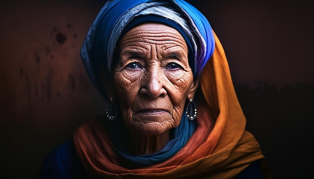AI によって生成された屋外で伝統的なスカーフをかぶった穏やかな年配の女性