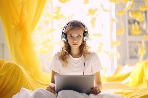 Serene serious teenage girl with a laptop seated on a bed in a welllit room with yellow translucent curtains wearing headphones