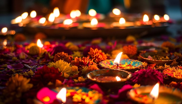 a serene setting of Holi celebration with minimal diyas lamps lit