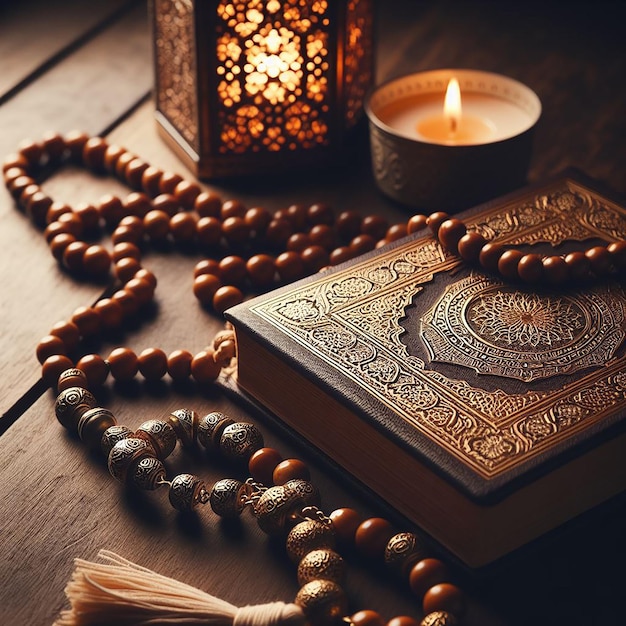 A serene setting of prayer beads Tasbih and a closed Quran