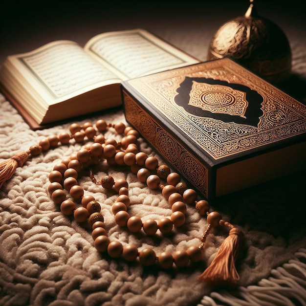 Спокойная обстановка молитвенных бусин Тасбих и закрытый Коран