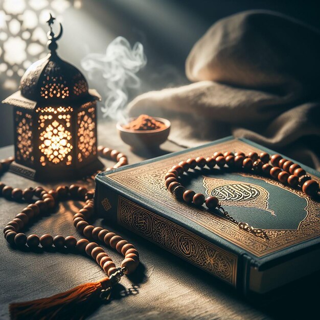 A serene setting of prayer beads Tasbih and a closed Quran