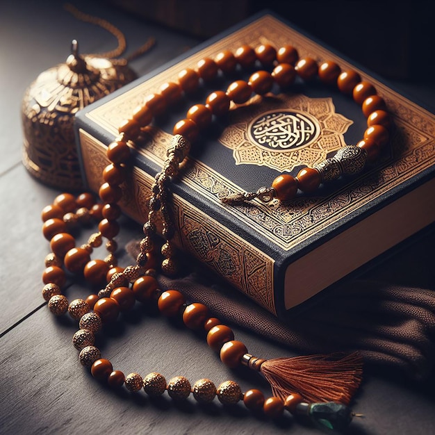 A serene setting of prayer beads Tasbih and a closed Quran