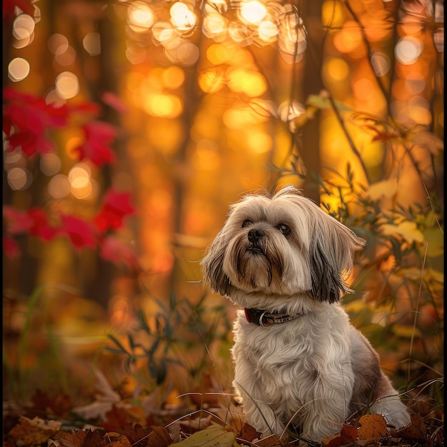 Foto serene shih tzu seduta graziosamente in una fitta foresta