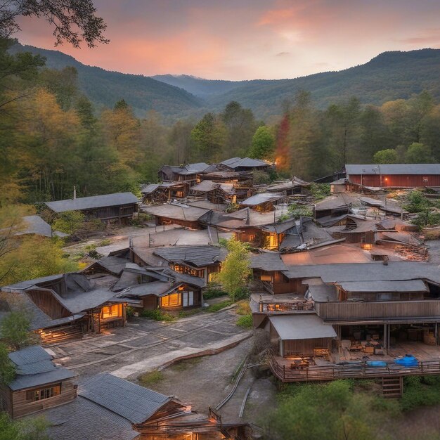 Serene Shiri Village nestled amidst the majestic mountains of Japan