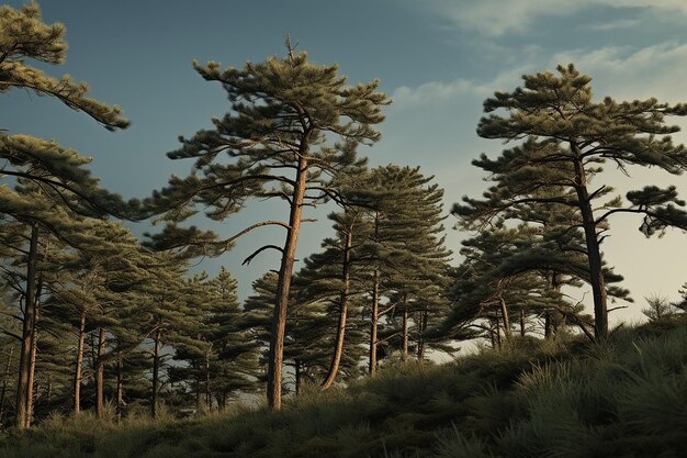 Serene shores pine trees along the rocky lake bank