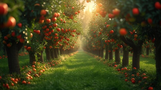 A serene shot of an apple tree orchard with neat rows of trees AI generate illustration