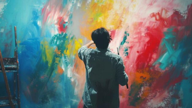 Photo a serene shot captures a person immersed in painting surrounded by vibrant colors and brushes