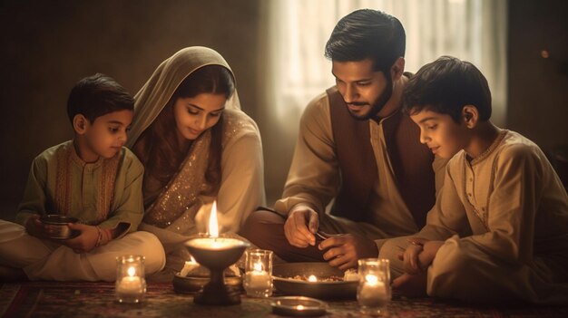 A serene shot of a family offering prayers and gratitude with the soft glow of candles illuminating