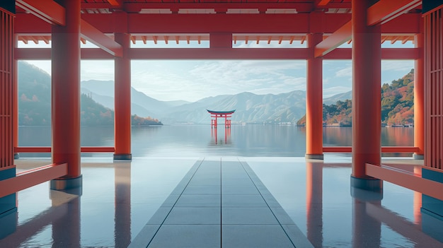 Serene Shrine Gateway Overlooking a Mountainous Lake