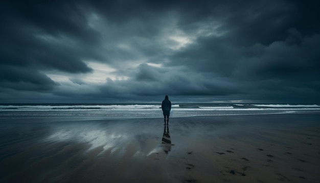 A serene silhouette standing at the water edge alone generated by AI