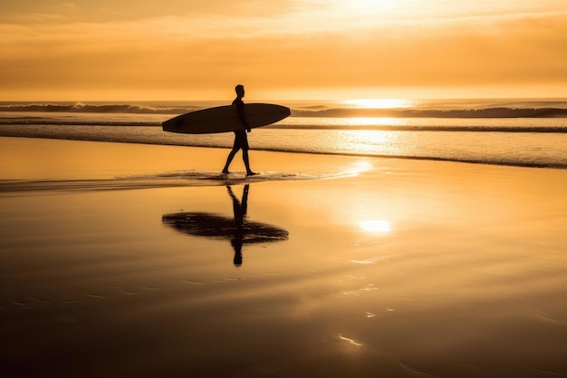 Serene Silhouette Surfer Walking in the Ocean at Sunset