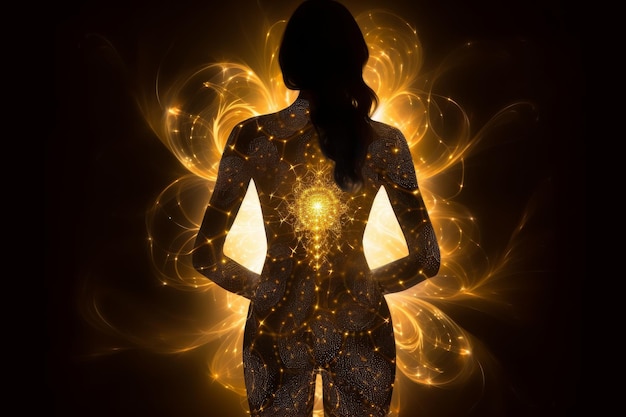 Спокойный силуэт женщины золотая спина светящиеся чакры темная привлекательность генеративный ИИ
