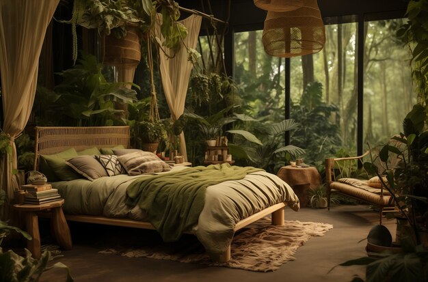 Serene slaapkamer oase met jungle decor