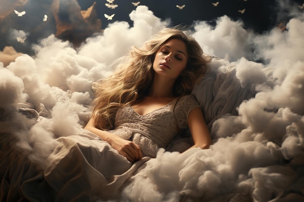 Serene sleeping woman surrounded by ethereal clouds