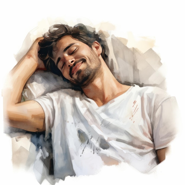 A Serene Slumber Watercolor Delight of a Contented Man in White Tshirt on Bed