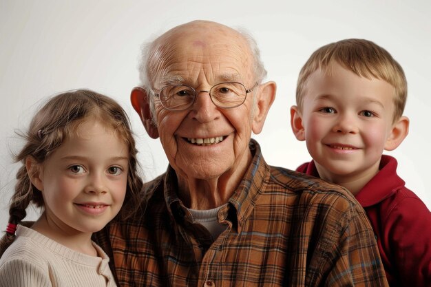 Serene Smiles with Grandfather and Grandchildren On White Background