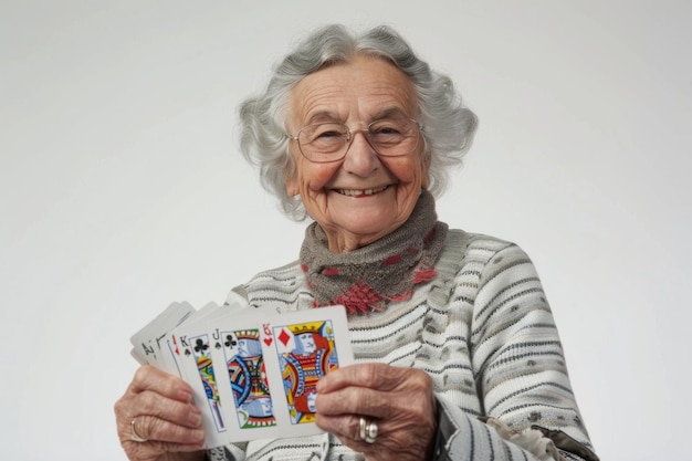 Serene Smiles with an Old Woman and Cards On White Background