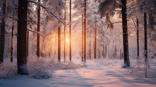Serene sneeuwbedekte bos in het vroege ochtendlicht