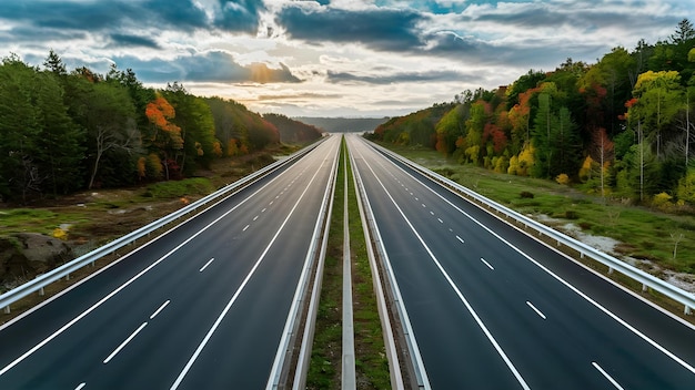 Serene snelweg die door herfstbossen snijdt Concept Natuurfotografie Herfstkleuren Schilderachtige route Vreedzame landschap aan de kant van de weg