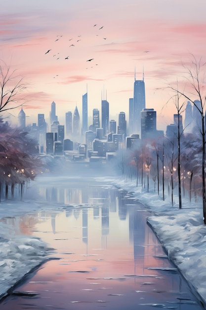 Serene snowcloaked skyline of an Asian megacity transformed into an ethereal masterpiece