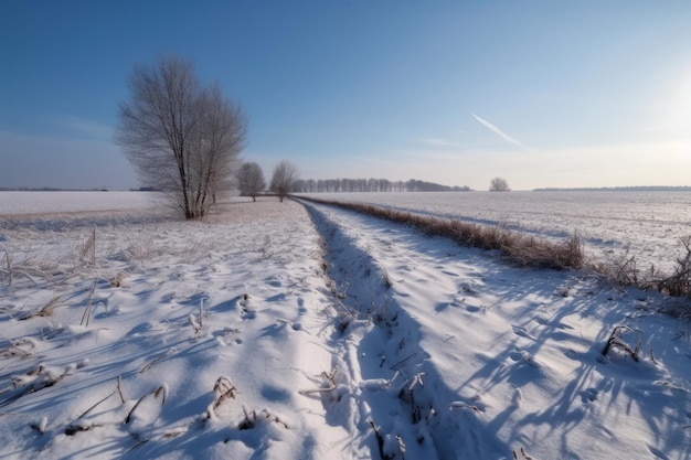 Serene Snowy Field Landscape in Perfect Weather Generative AI