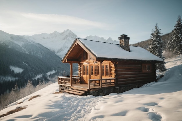 A serene snowy landscapea cozy cabin nestled in the mountainsrepresenting beginnings of new year