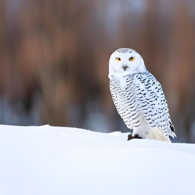 A serene snowy owl perched on a snowcovered tree branch in a winter landscape
