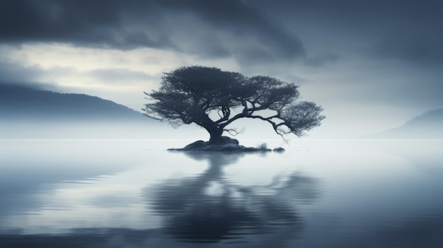 안개 가 가득 한 호수 에 있는 조용 한 나무 - 스코틀랜드 의 매혹적 인 풍경